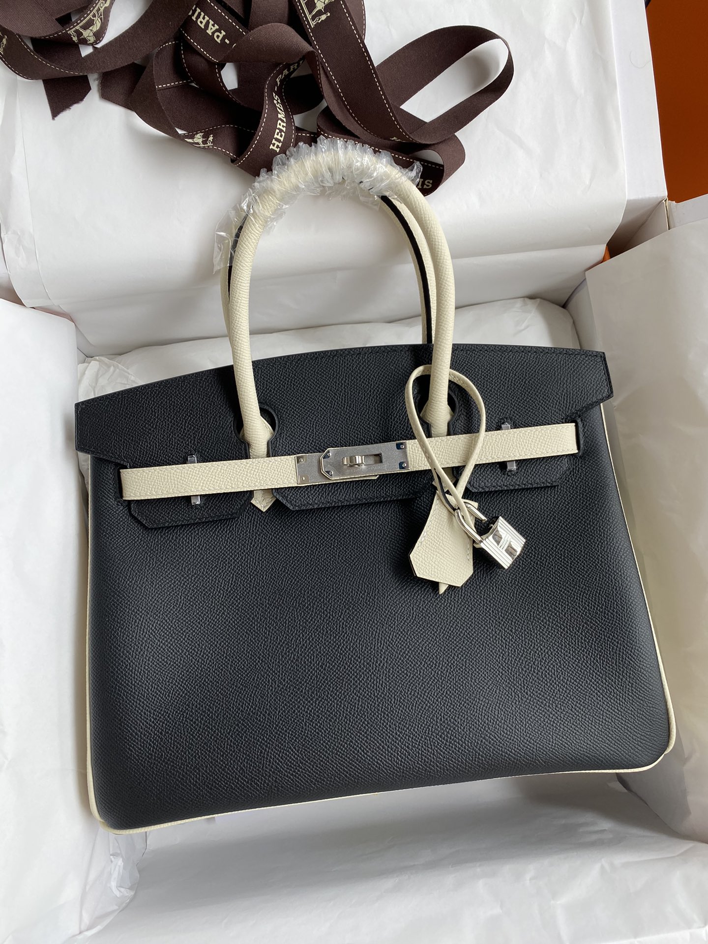 Hermes Birkin 30CM Epsom Leather Handbag Black White